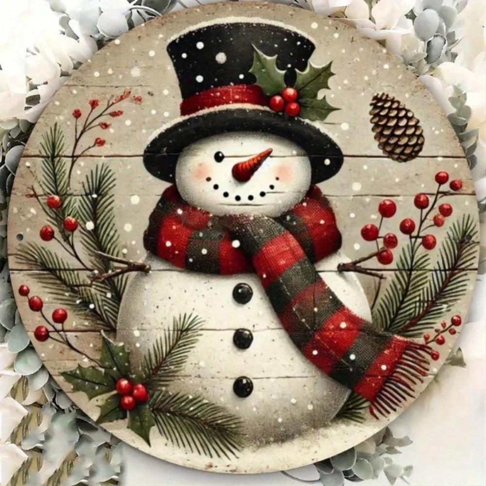 Christmas Snowman Metal Wall Art Round Sign Cottage Decor Gift