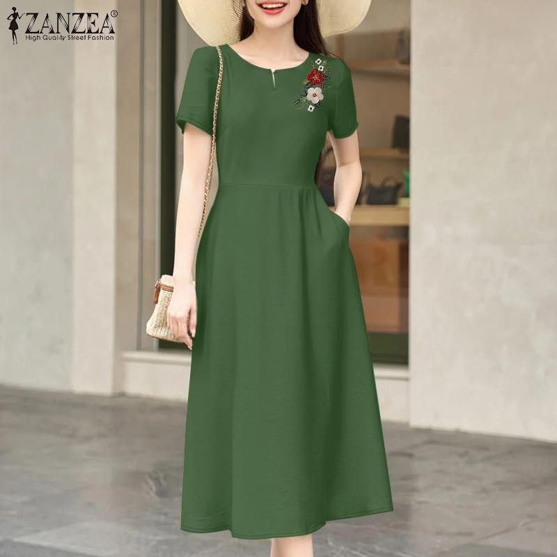 ZANZEA Women Summer Round Neck Short Sleeve Casual Floral Embroidery Dress