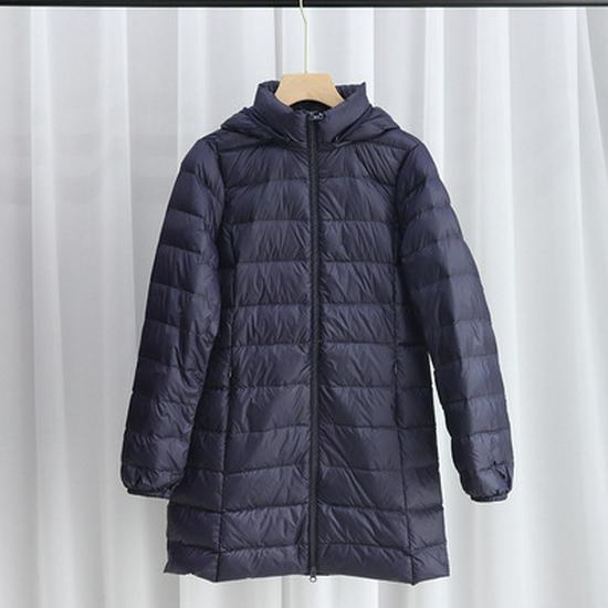 Women's Mid-Length Slim Fit Hooded Down Jacket, Flattering Plus Size, Lightweight with Detachable Hood