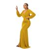 Women's V Neck Long Lantern Sleeve Maxi Dress Solid Color Ruched Bodycon Side Slit Floor Length Formal Evening Party Casual Gown