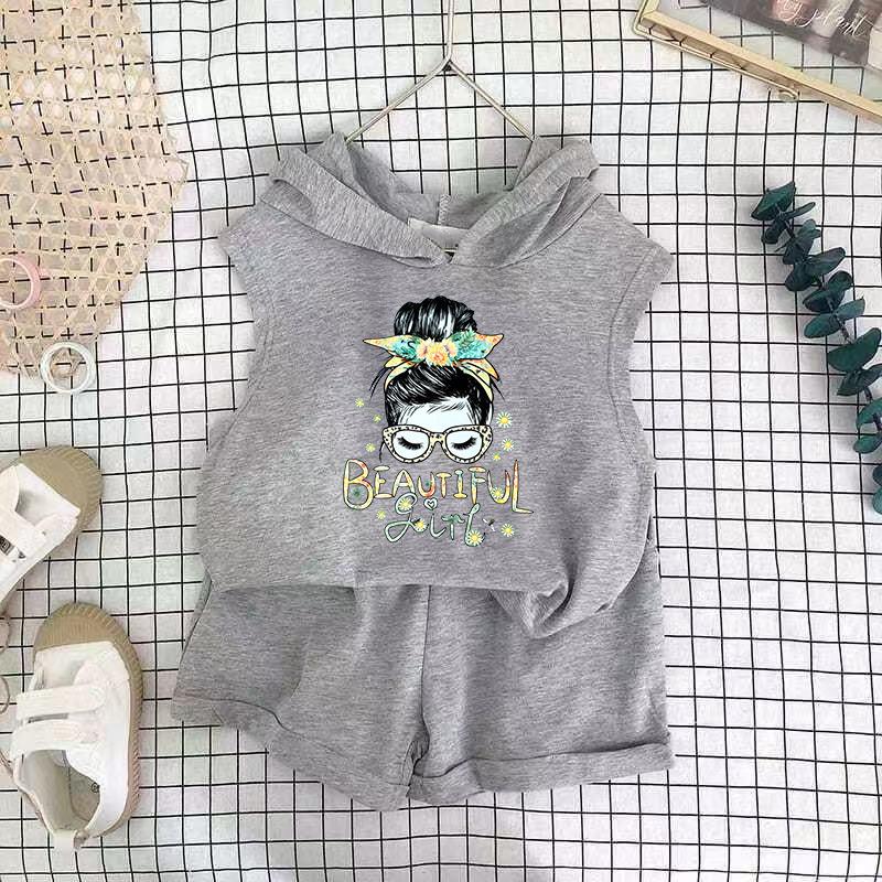 Girls Cotton Cartoon Print Tank Top And Shorts Set Fashionable Summer Two Piece Outfit For Kids