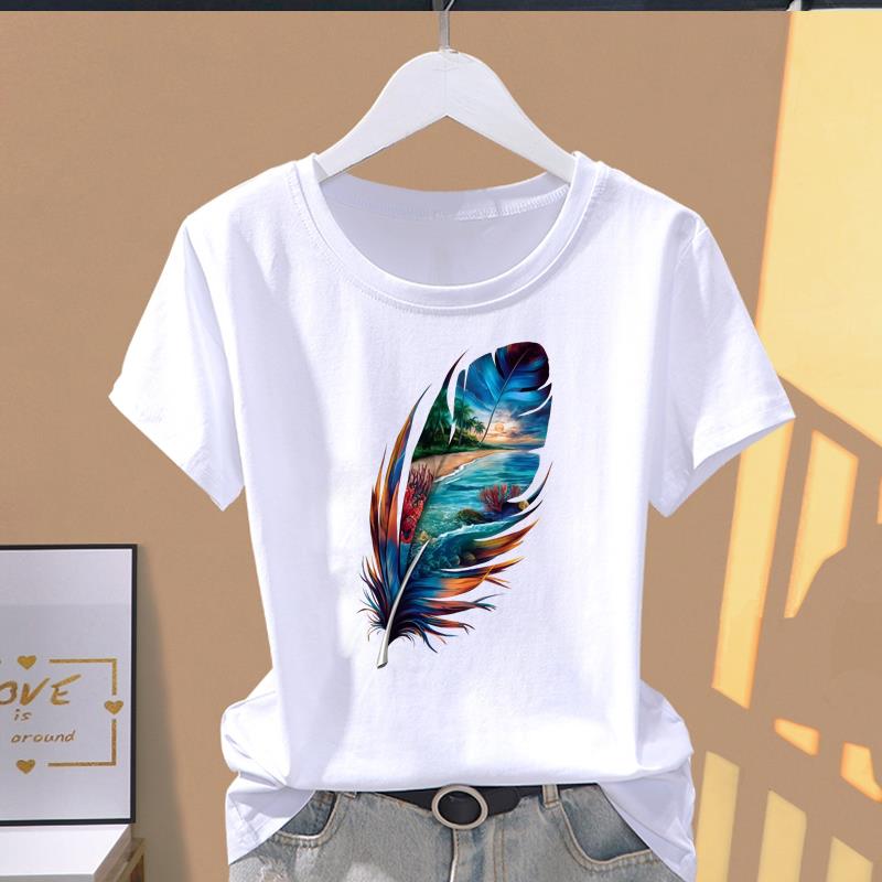 (Asian Size) Letter Flower Trend Short Sleeve T-shirts Women's Top T Clothing Print  Fashion Female Casual O-neck Graphic Tee