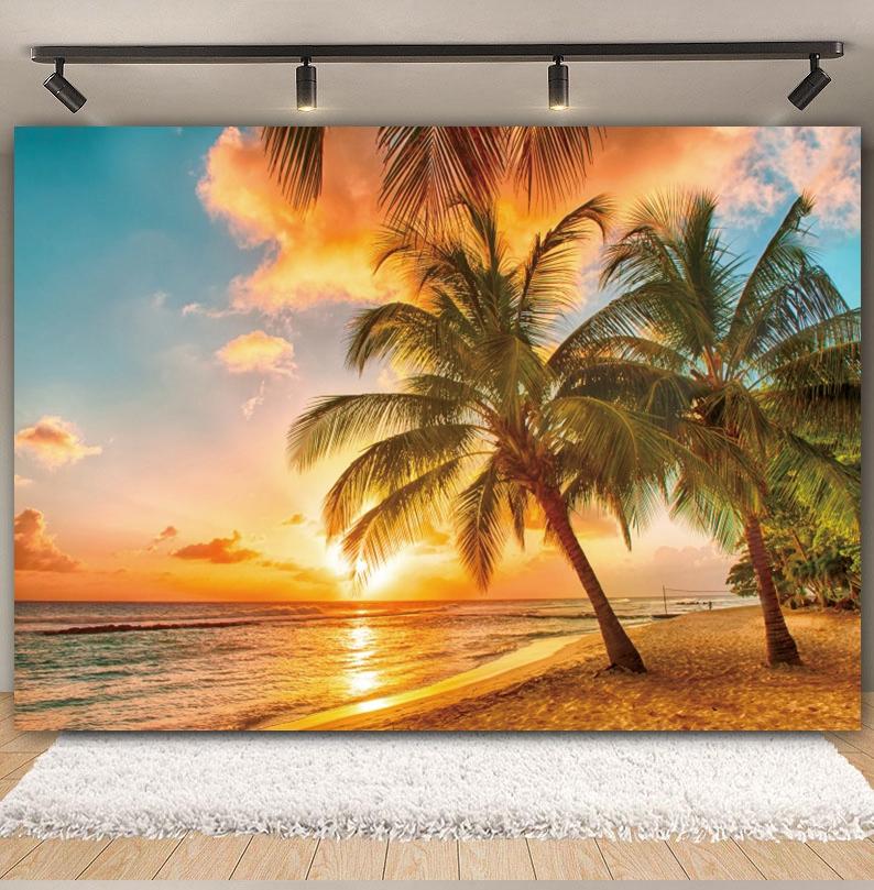 Tropischer Strand Hintergrund für Fotografie Sommer Hawaii Blaues Ozeanwasser Meeresufer Palme Kinder Feiertagsparty Foto Hintergrund Dekoration