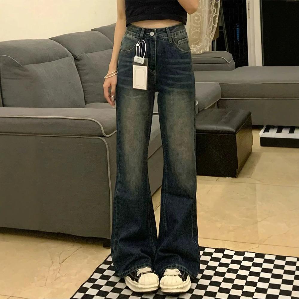 Women's High Waist Flare Jeans Loose Fit Vintage Washed Non Stretch Wide Leg Denim Trousers