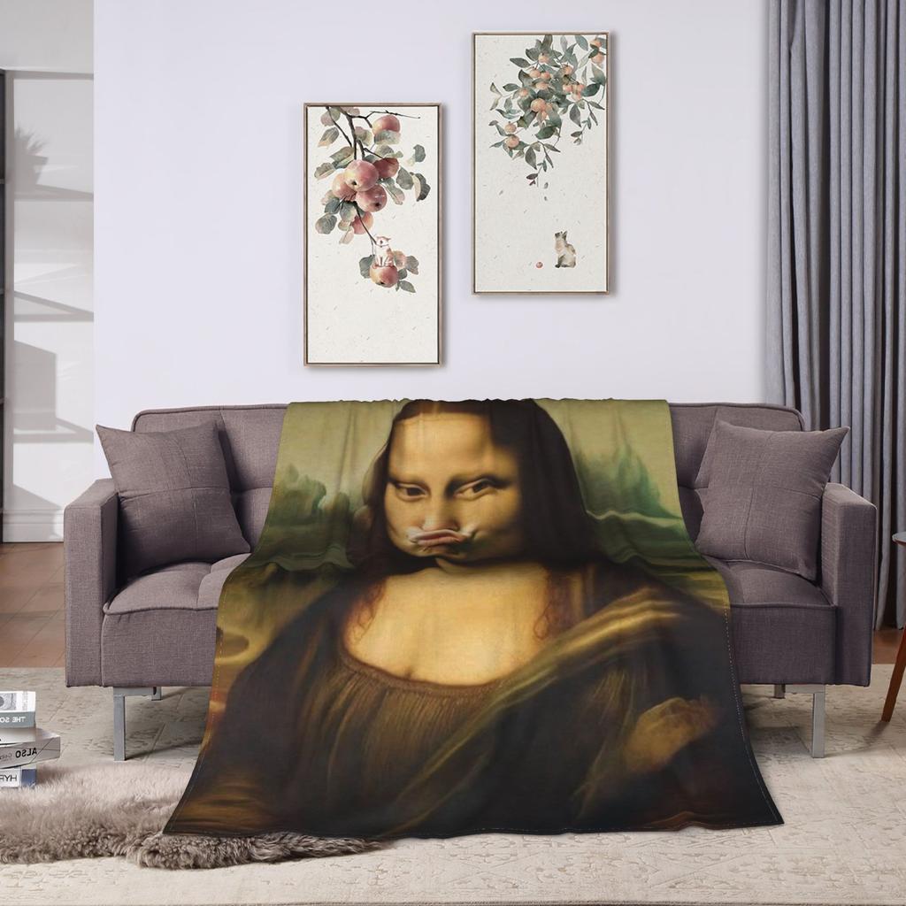 Funny Pouty Mona Lisa Throw Blanket Soft Comfy Print Blanket For Sofa Home Travel Office Flannel Bedspread Bed Cover