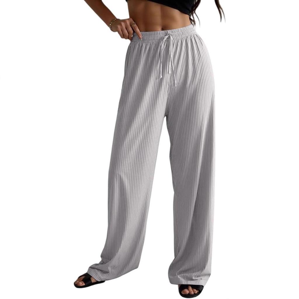 Damen Rippstrick Hose mit Kordelzug Weiter Bein Elastischer Bund Lässige Loungehose