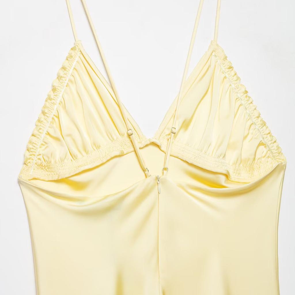 Popular spring new French pure desire wind light yellow deep V-neck sexy suspender long dress