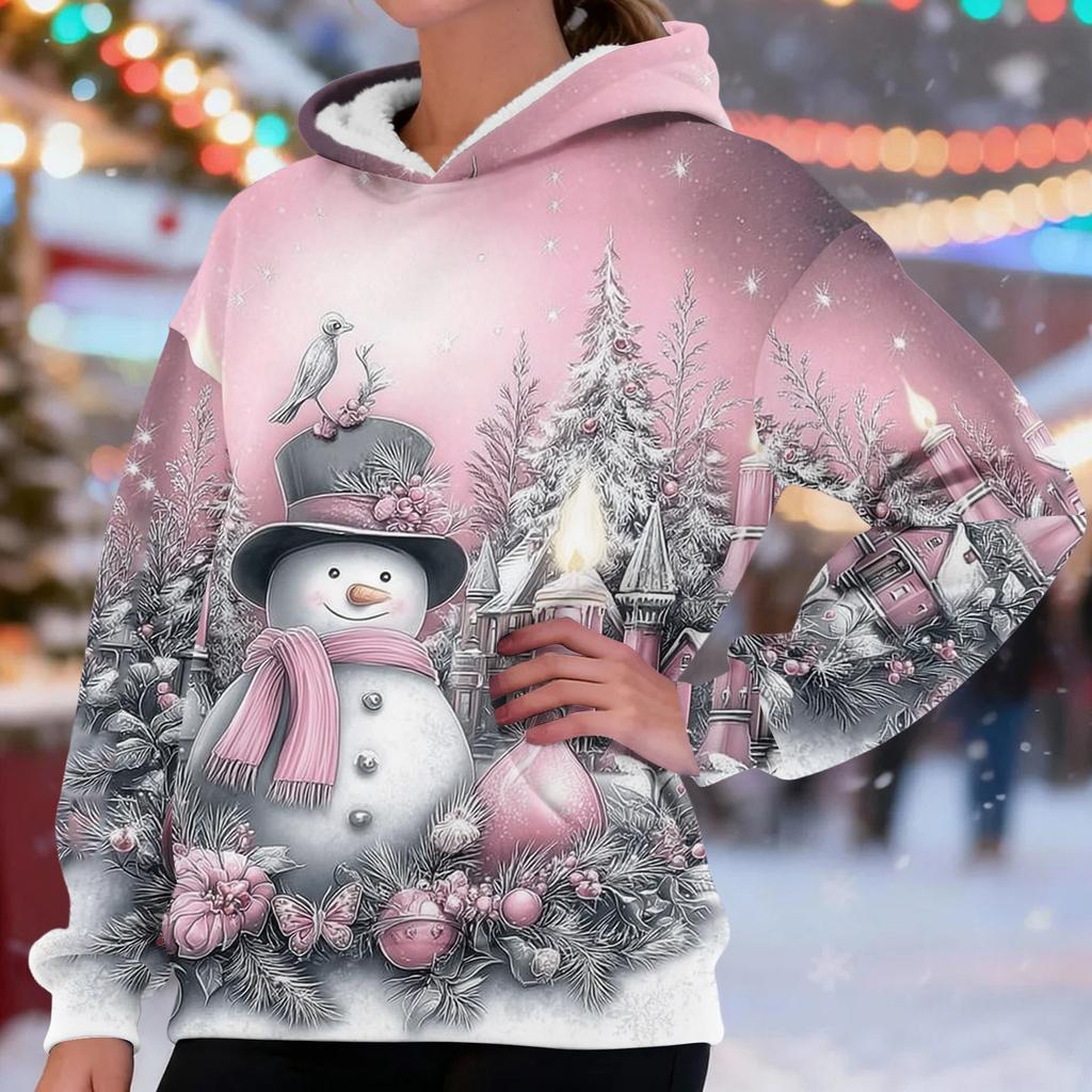 Women's Fashionable Casual Long-Sleeved Christmas Print Fleece-Lined Thick Hooded Sweatshirt