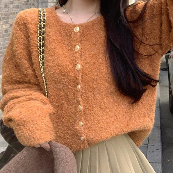 

Ретро Мягкий и Свободный Кардиган Осень и Зима Свитер с Круглым Вырезом Топ для Женщин 3XL оранжевый