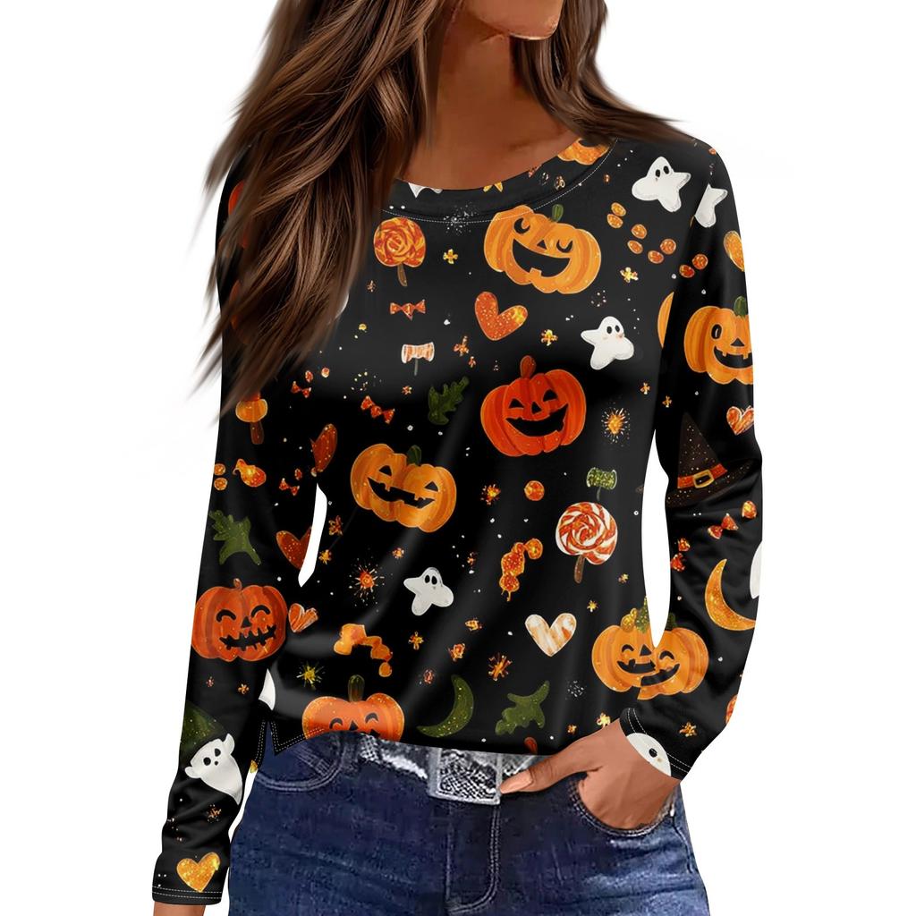 Women's Fashion Hem Slit Casual Halloween Printed Round Neck Long Sleeve Top