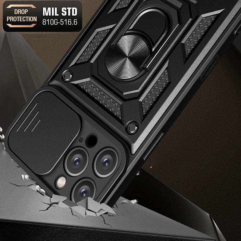 iPhone 16 Pro Max Plus Shockproof Armor Case Car Magnetic Ring Holder Phone Cover Durable Protective Case with Stand Feature