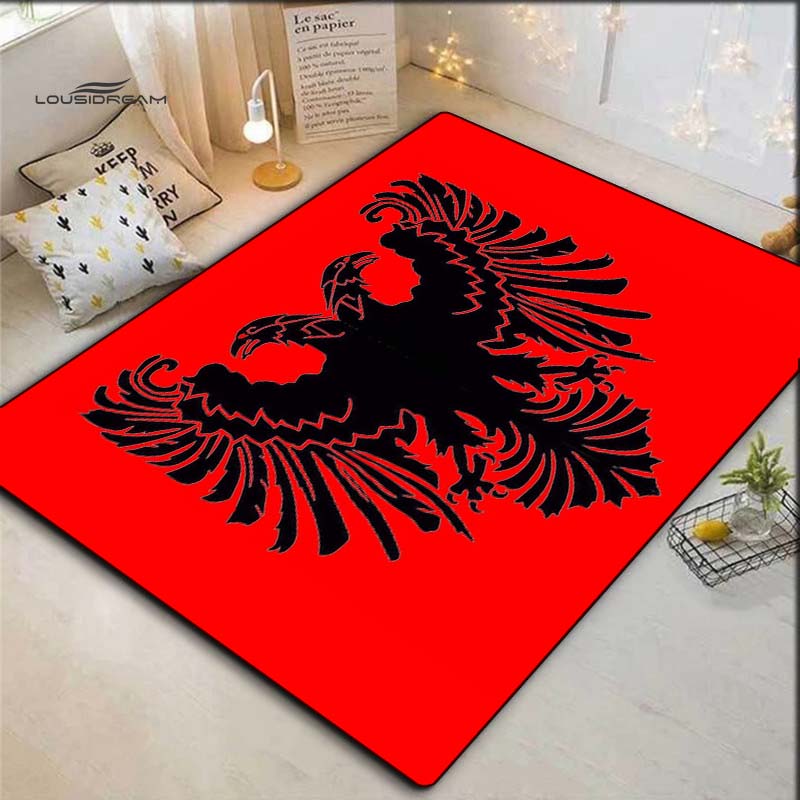 Red Background Black Double Headed Eagle Print Area Rug, Non Slip Soft Floor Mat Medieval Heraldic Home Decor Carpet