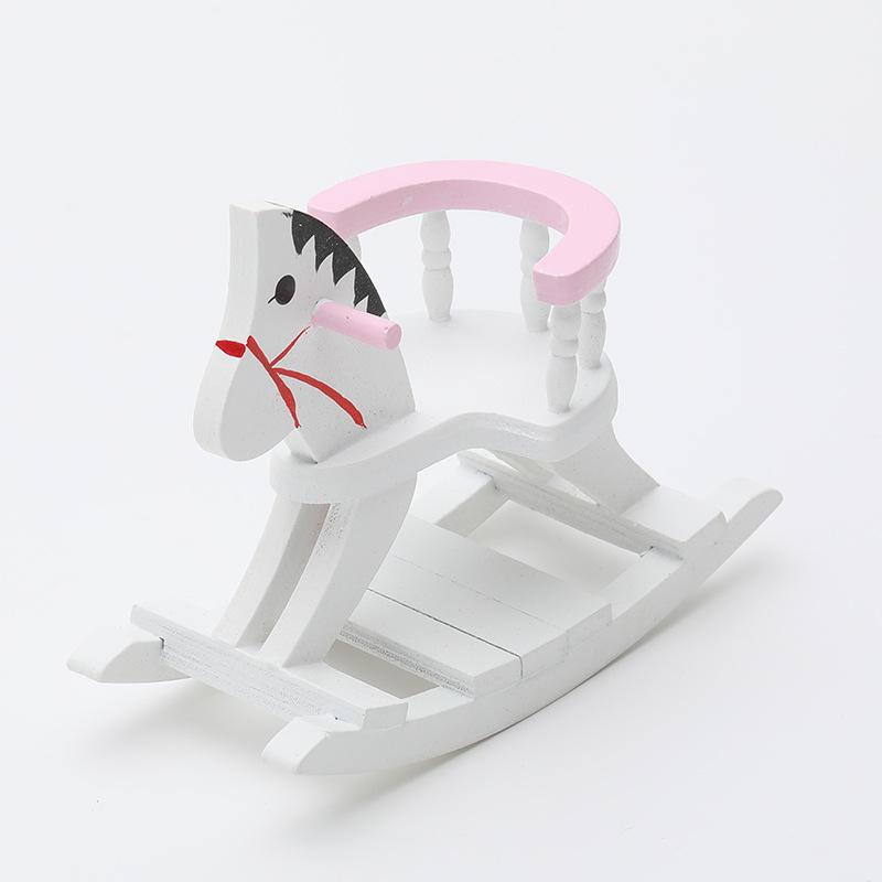 1pc Miniature White Wooden Rocking Horse Chair Nursery Room Furniture accessories