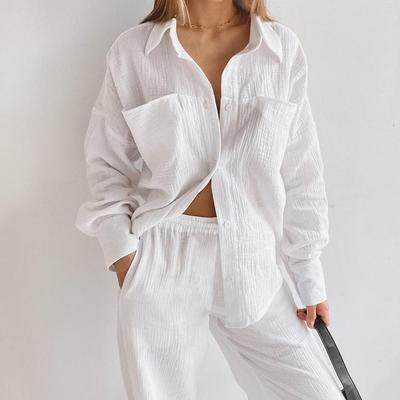 Müslin Kadın Pijama Pamuk Uzun Kollu 2 Parça Takımlar Gecelik Kadın Günlük Pantolon Takımları İlkbahar Uyku Giyim Ev Takımı