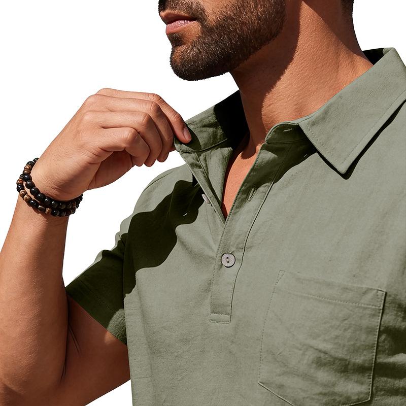 Men Loose Casual Short Sleeve Linen Blend Polo Shirt For Daily Beach Wear