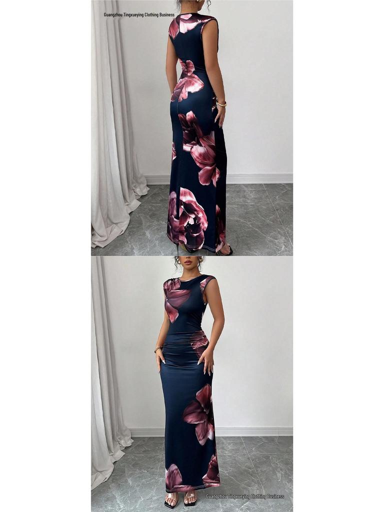 European & American Sleek Sleeveless Printed Bodycon Sheath Dress