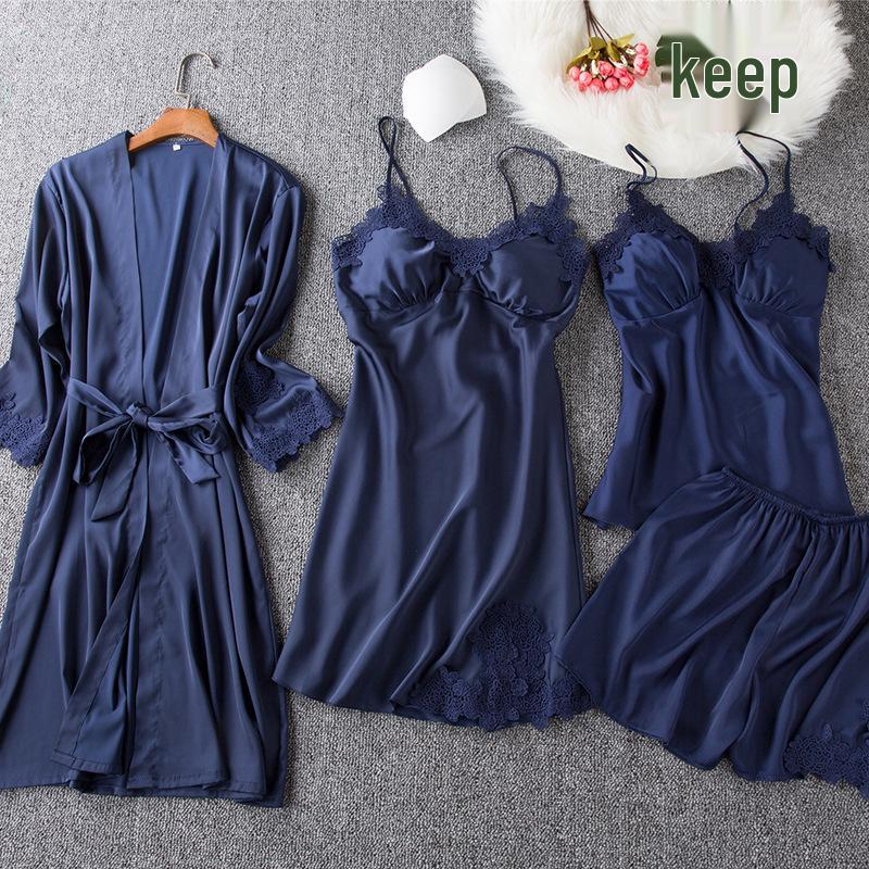 Women's Silk Five-Piece Pajama Set: Spring/Autumn Nightdress & Robe with Chest Pad
