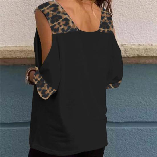 Women Half Sleeve V Neck Cold Shoulder Leopard Patchwork T-shirt Blouse