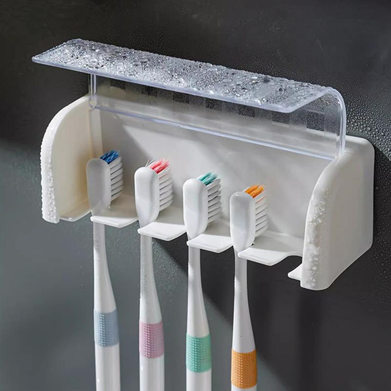 Bathroom Wallmount Toothbrush Holder With Cover 5 Slots Without Drilling Home Bathroom Self Adhered Toothbrush Storage Racks