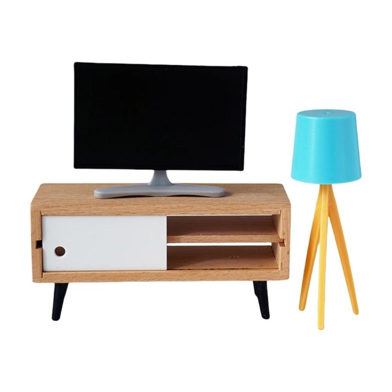 

1/12 Realistic Dollhouses TV and Cabinet Set with Floor Lamp for Miniature Living Room Decoration Model Furniture Decors 1