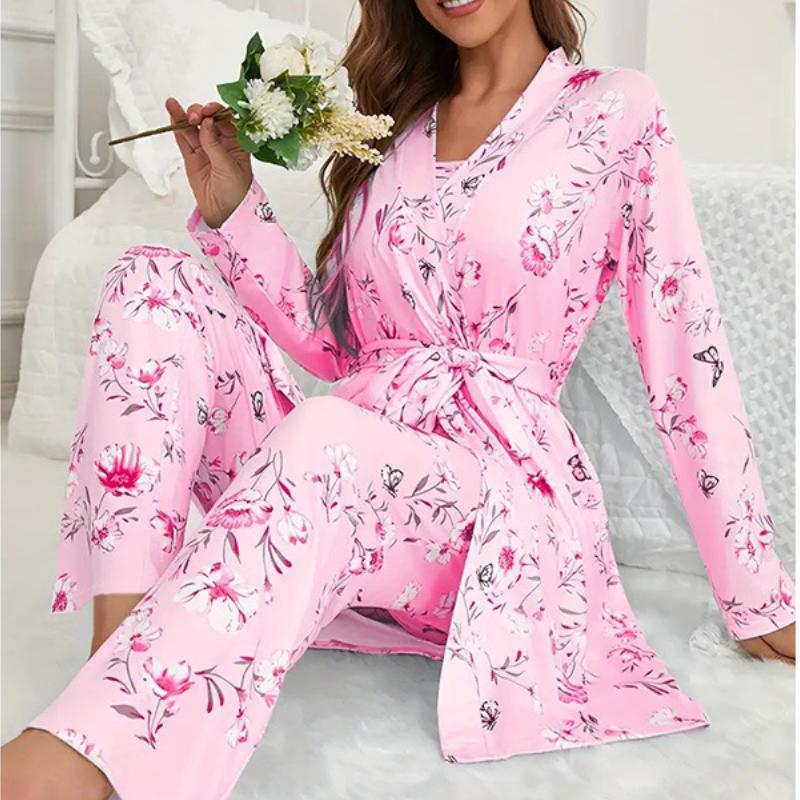 A Three-piece Set of Home Pajamas Bathrobes Long Pants Halter Tops and Nightgowns