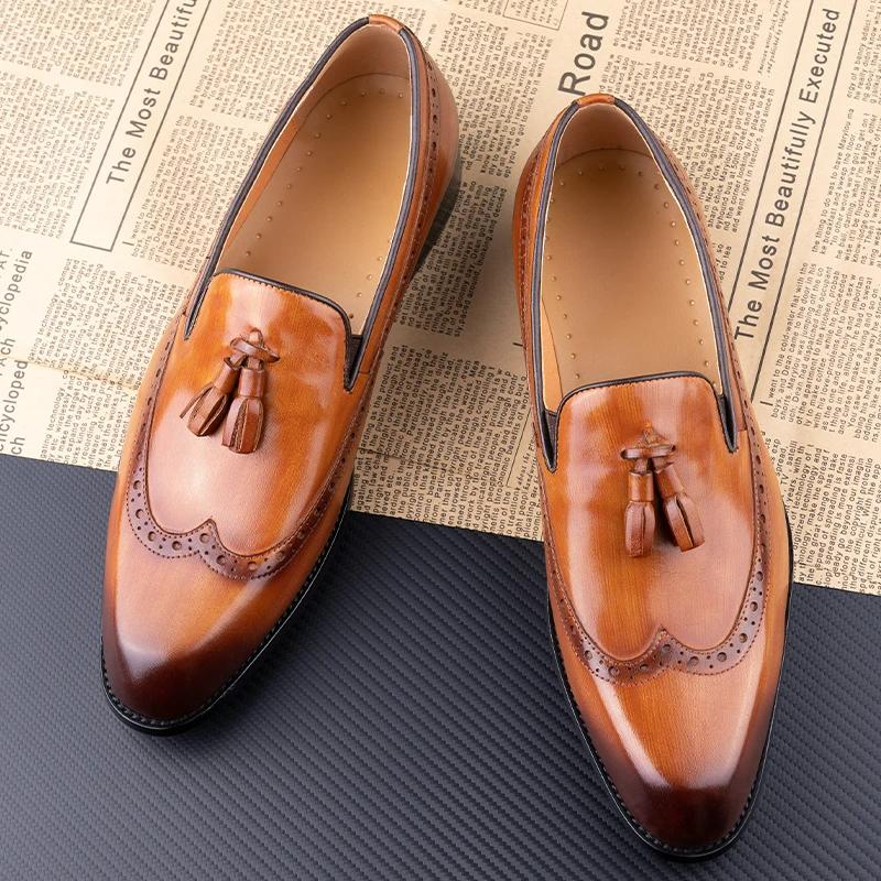 Fashion New Style Business Men Loafers Shoes Genuine Cowhide Handmade Sewing Casual Formal Wedding Party Slip On Pointed Dress Shoes Man