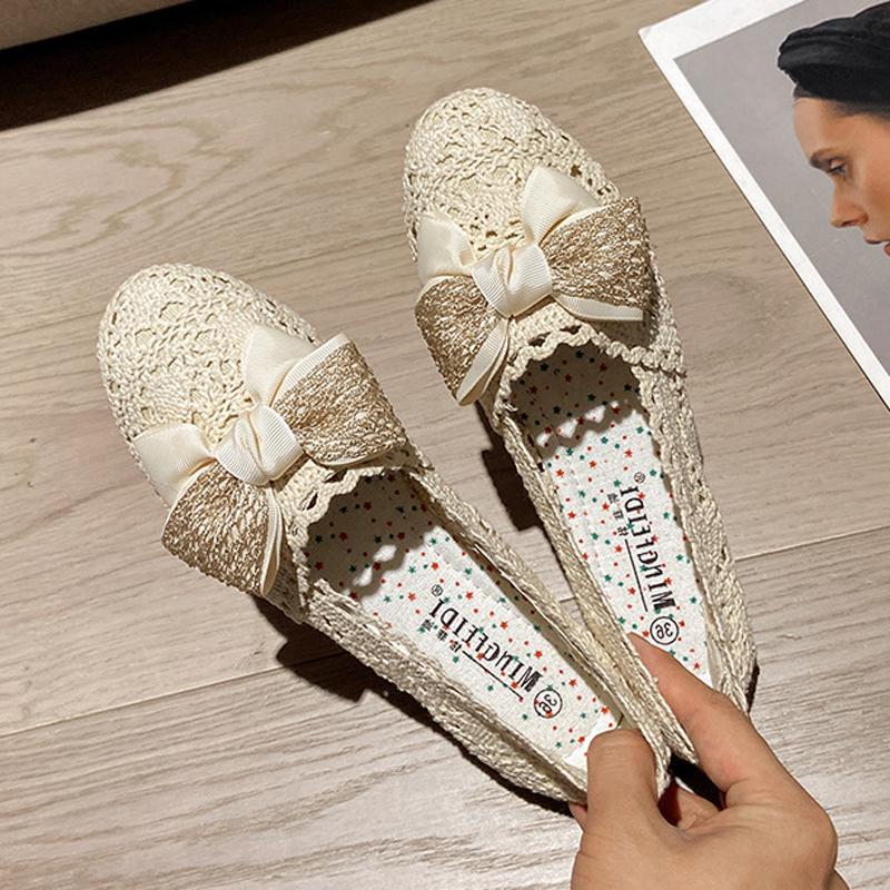 Fashion 2025 Spring Summer Breathable Air Mesh Flats Women Cut Out Bowknot Shoes Lace Loafers Ladies Barefoot Mocassines Mujer Boat Shoe