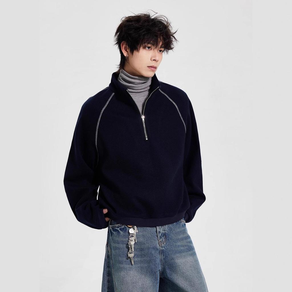 Trendy Brand Men's Heavyweight Half-Zip Stand Collar Raglan Hoodie Pullover