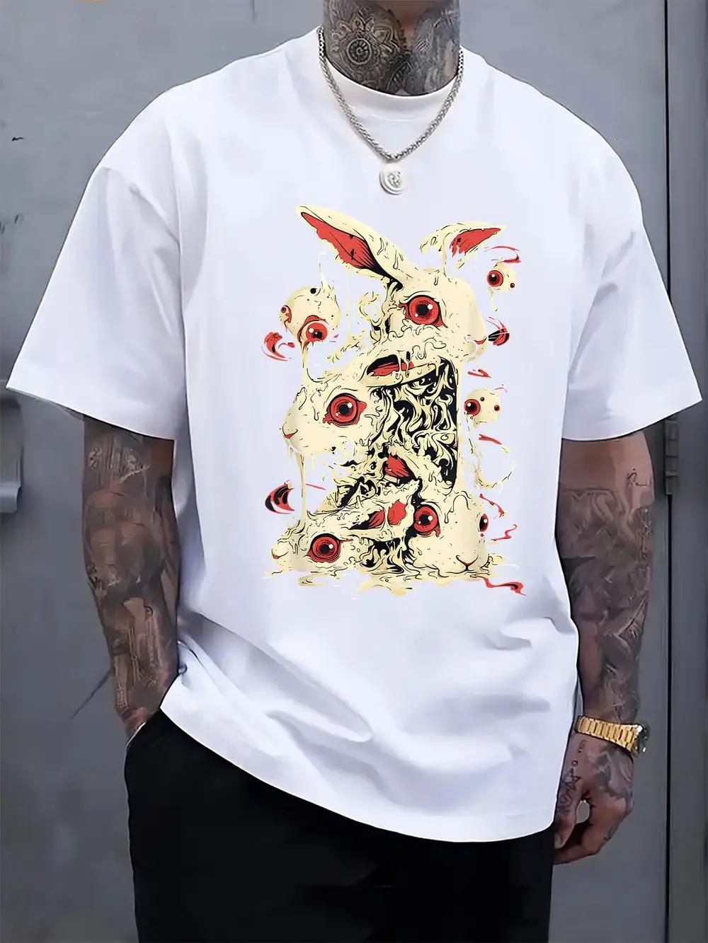 Casual Crew Neck Short Sleeve T-shirt with Vibrant Rabbit Print - Light Gray S