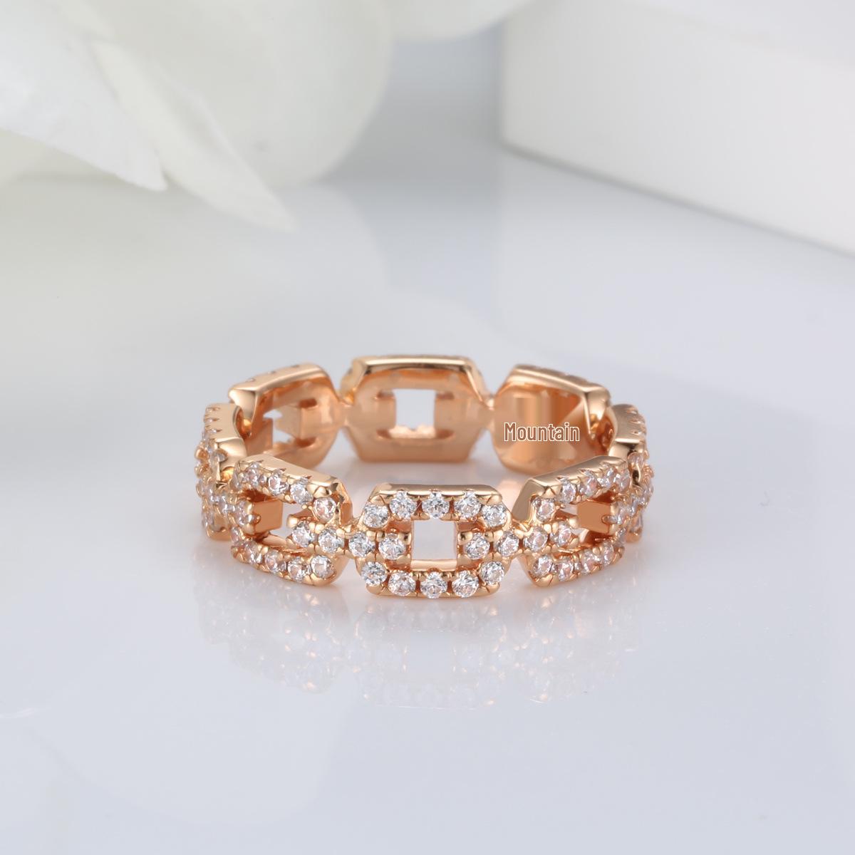 

S925 Sterling Silver Rose Gold Plated Pig Nose Chain Ring with Diamonds for Women - Stackable Pinky and Couple Ring Style Size 8