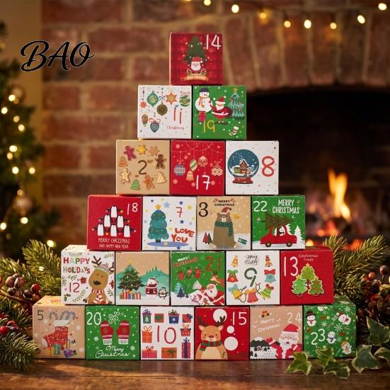 Christmas Countdown Calendar Box 24 Pcs DIY Advent Boxes, Days Gift Box, Santa Snowman Elk Print Boxes Empty Cardboard Number To Fill for Adults,
