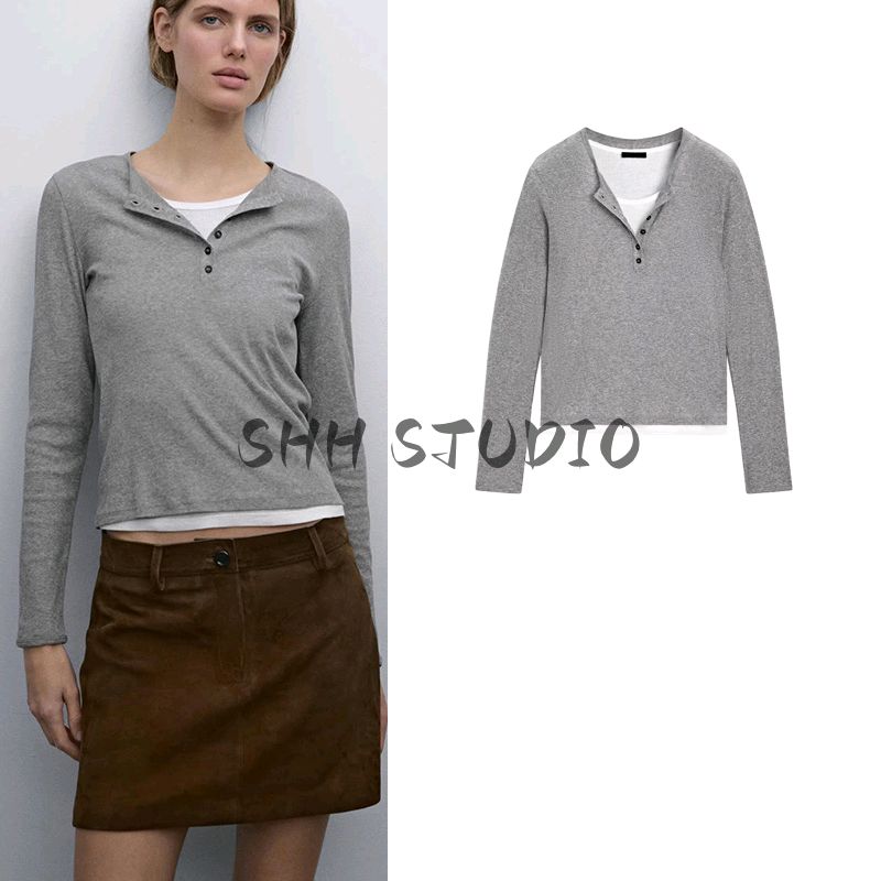 MD Spring New Women's Clothing Comfortable Cotton Bottoming Shirt Fake Two-Piece round Neck Long Sleeves T-shirt Tops 6298755