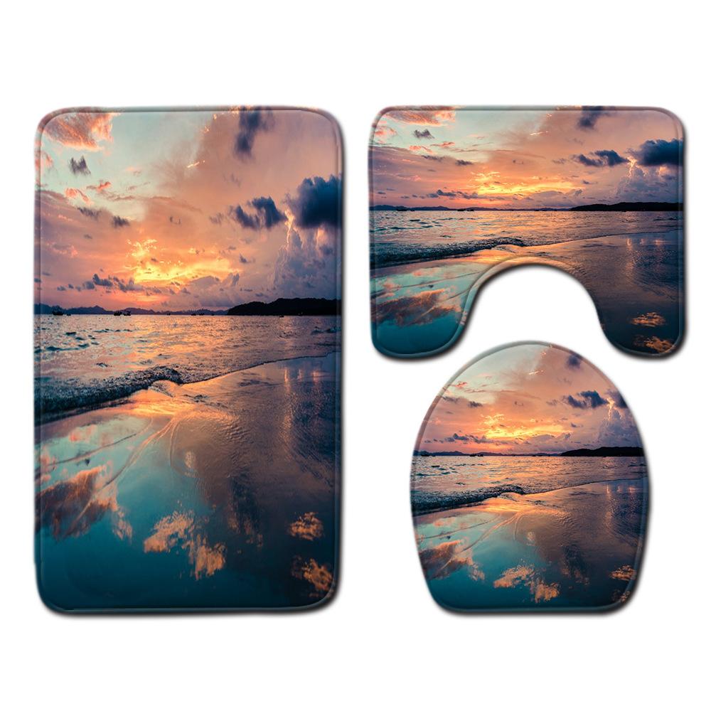 Beach View Bathroom Floor Mat Three-Piece Toilet Carpet Toilet Mat Set Door Mat Bathroom Non-Slip Mat