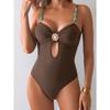 Vintage Coffee Swimwear Women Pearls Strap Hollow Out Metal Diamond Tummy Control One Piece Swimsuit Beach Bathing Suits