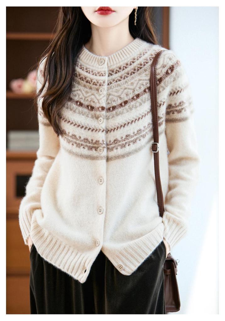 Women's Fair Isle Wool Cardigan - Short, Round Neck, Loose Fit, Korean Style Cashmere Knit for Autumn & Winter