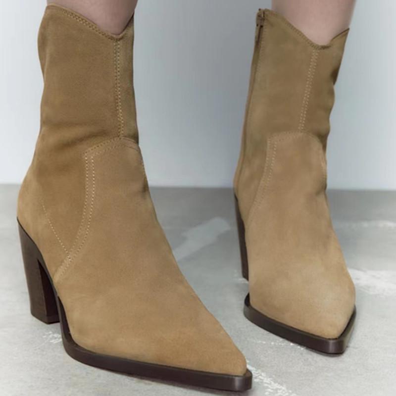 Fashion 2025 Brand Women Warm Winter Boots Women's Mid High-Heeled Pointed Short Knitted Socks Boots Thick Heel Black Booties