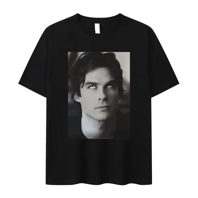Damon Salvatore IanSomerhalder TV Drama Pattern Tshirt for Men Women Retro Gothic Fashion Oversized Shirt Short Sleeve Casual Clothing