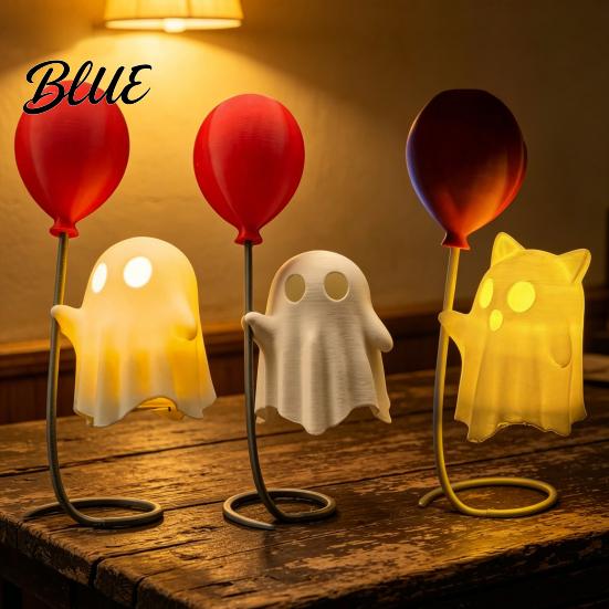 Warm Light Ghost Decor Cute Figurine with Balloon LED Night Light Soft Spooky Lamp Halloween Decoration for Bedroom Desk Table Centerpiece