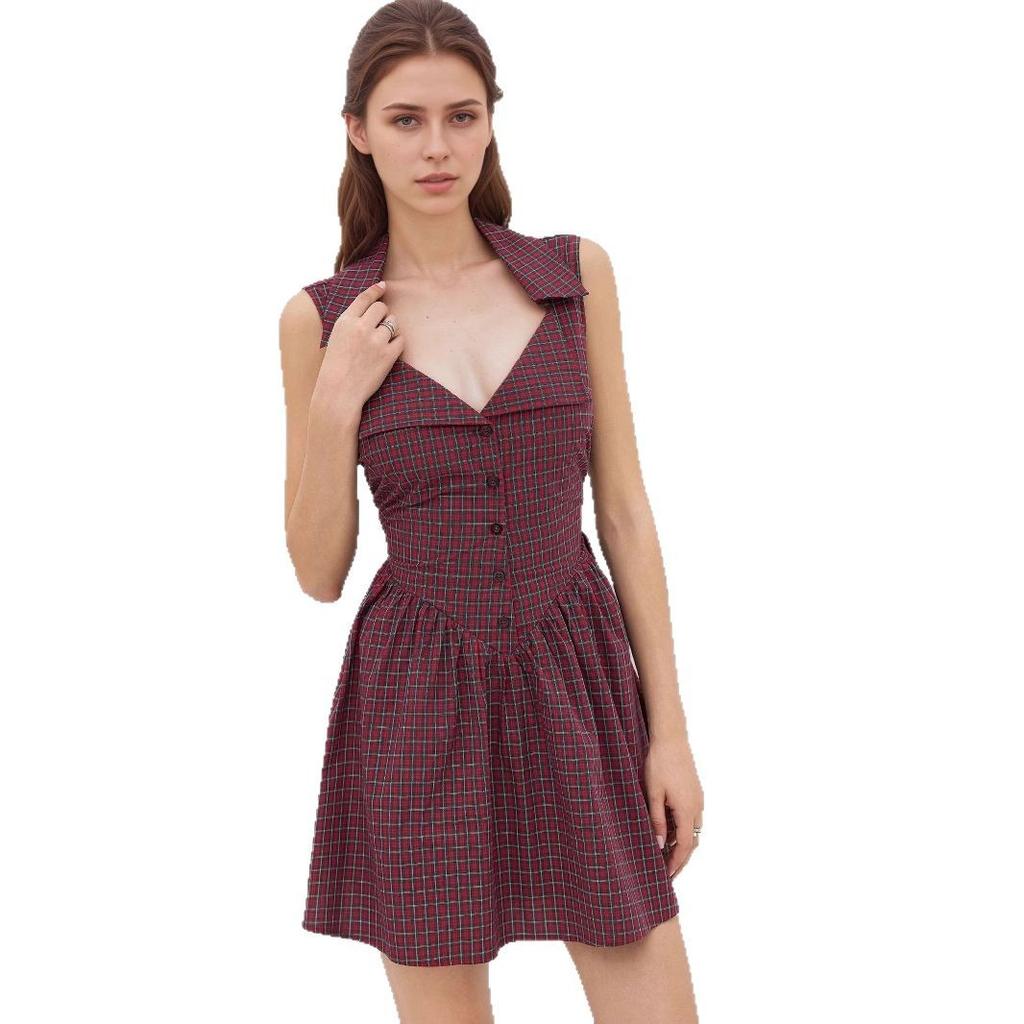 Red grid neck polo collar French retro short dress sleeveless waist thin versatile short skirt children