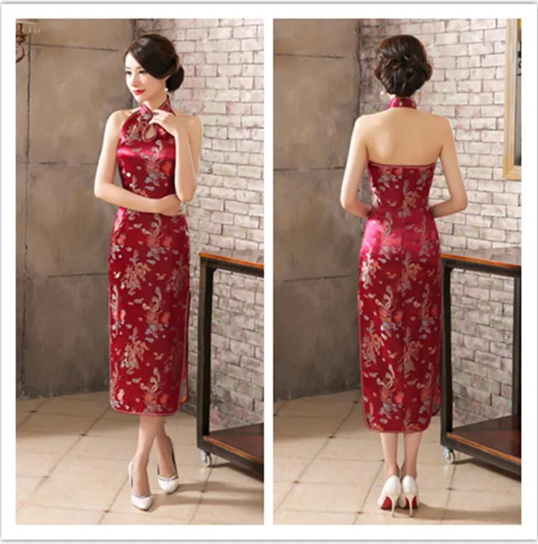 Sexy Backless Sleeveless Cheongsam Female Retro Classic Brocade Chinese Qipao Dress Plus Size Dragon and Phoenix Vestidos