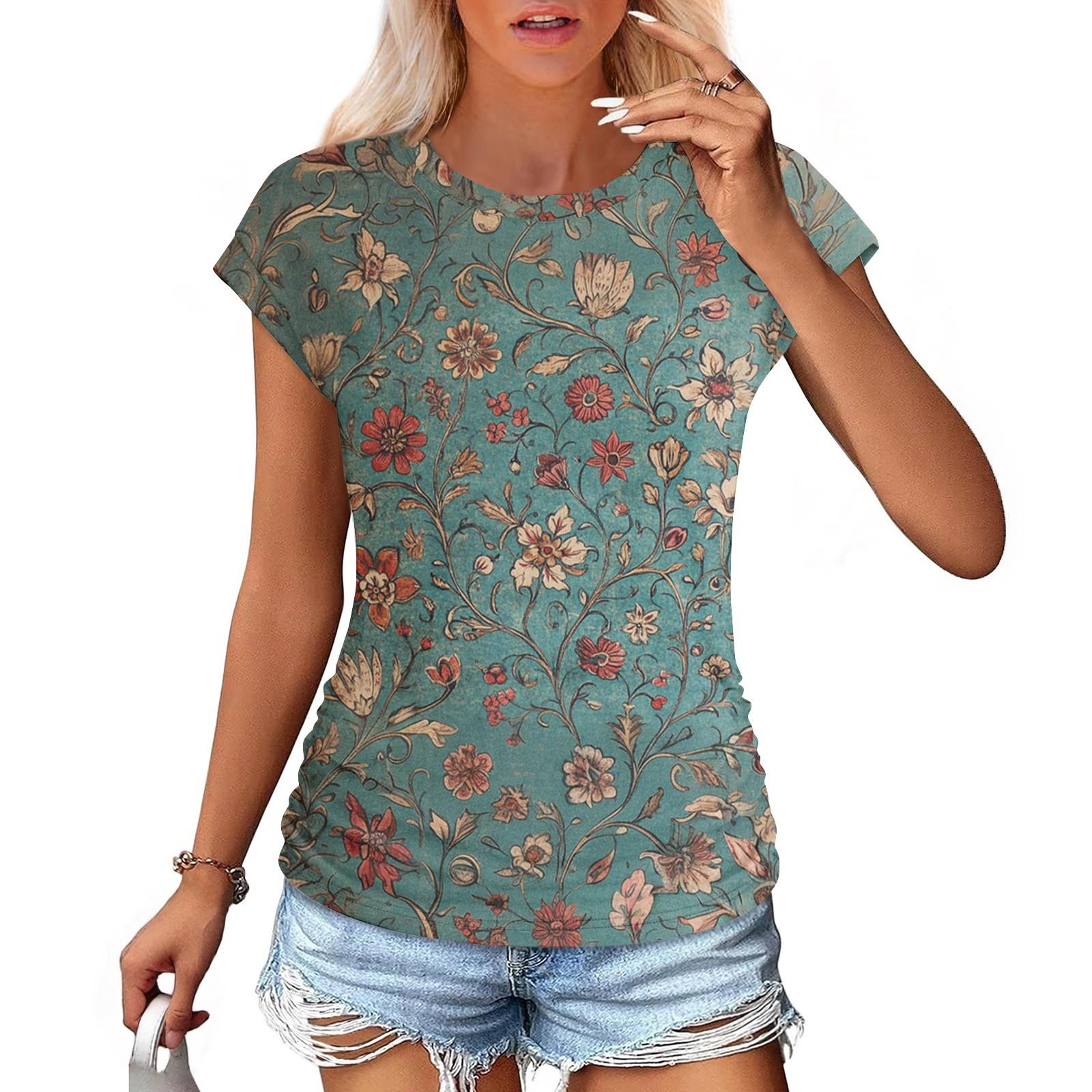 Women s Fashion Casual Slim Tie Waist Covered Sleeve Round Neck Vintage Printed T-Shirt Top L