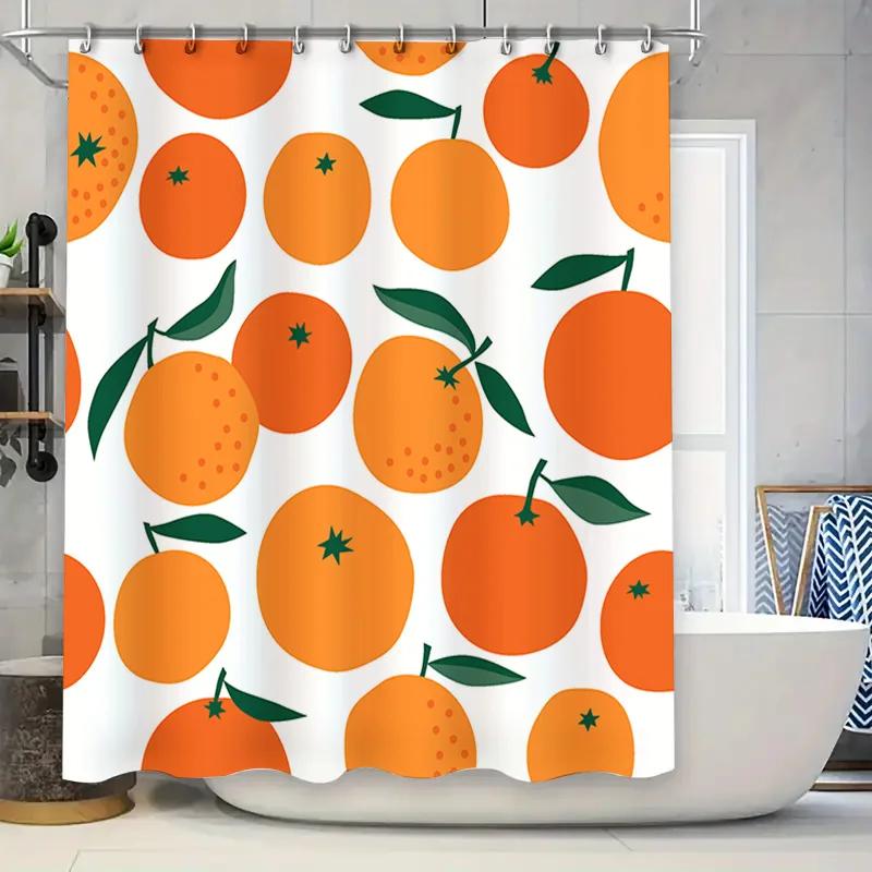 

Orange-themed shower curtain with cute fruit designs for bathroom decor. 90x180cm