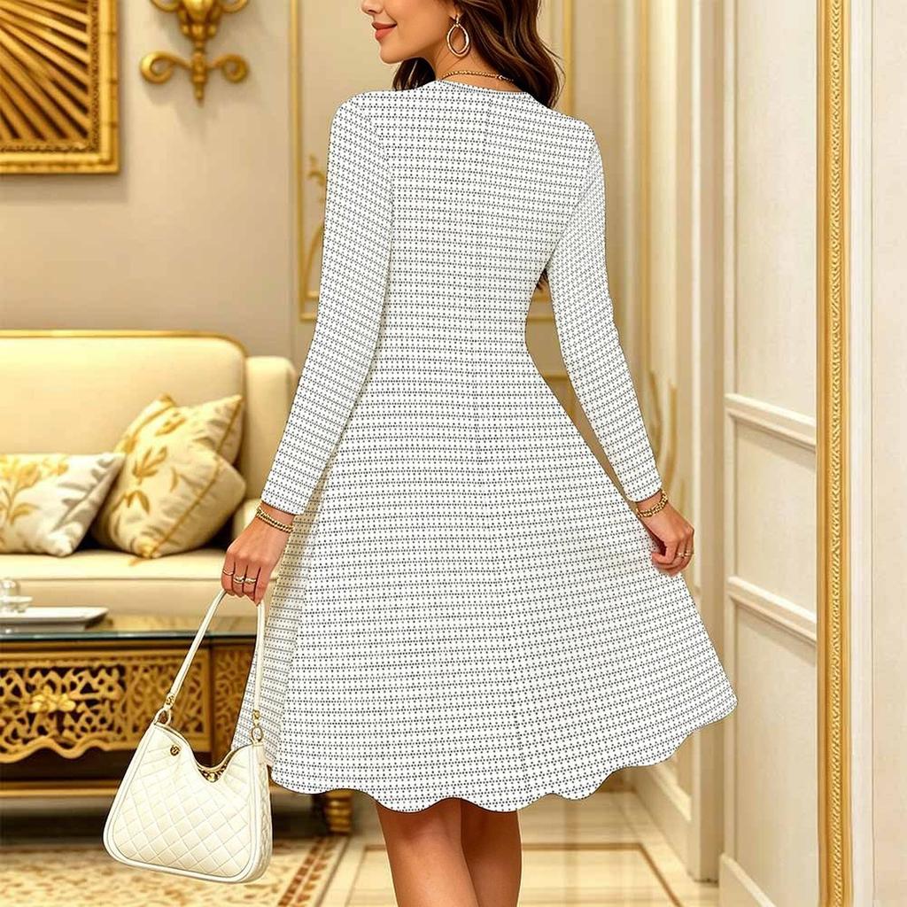 Women Long Sleeve Round Neck Midi Dress Vintage Geometric Floral Plum Blossom Stripe Dot Print Flared Casual Dress