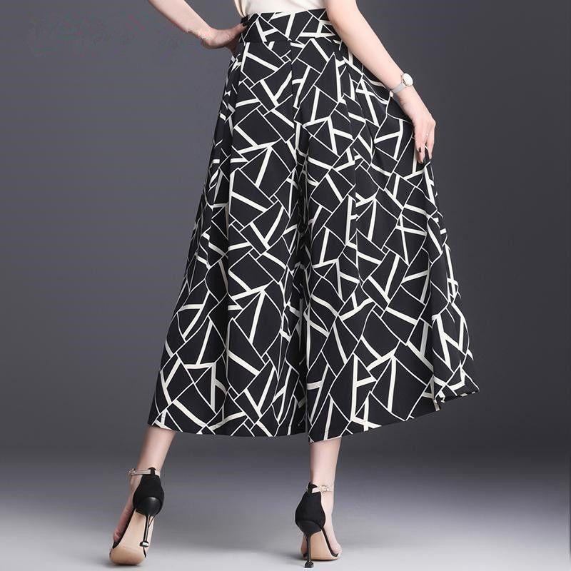 Sommer Bedruckte Weitbein-Hosenrock für Damen Chiffon 7/10 Länge Blumendruck Locker Culottes