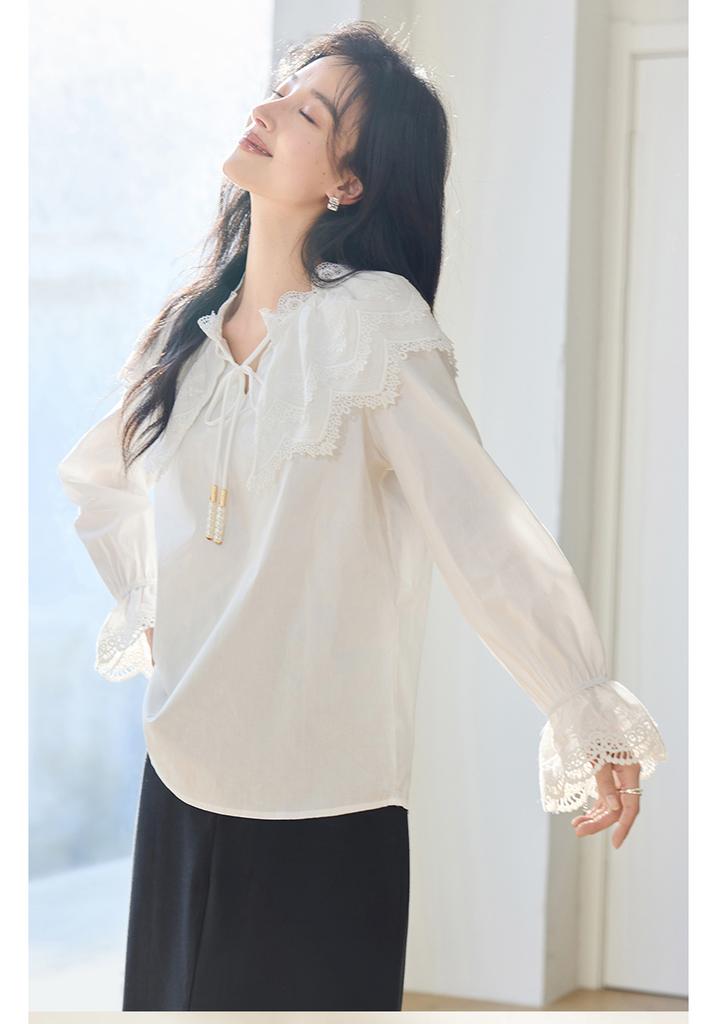 Spring "Bohemian" series gentle fairy style top sweet lace doll collar tied shirt
