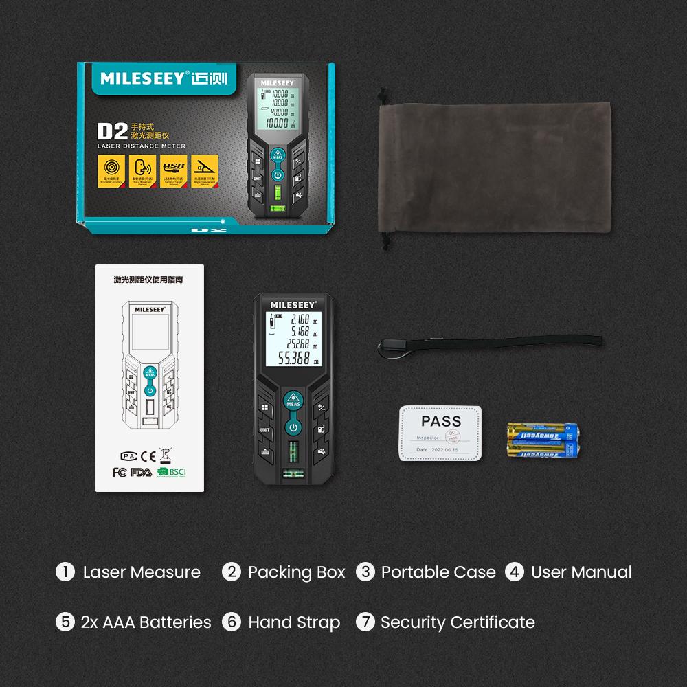 Mileseey Telemetru laser D2 Laser Trena, ruletă laser de înaltă calitate, 40M, 60M, 80M, 100M, 120M