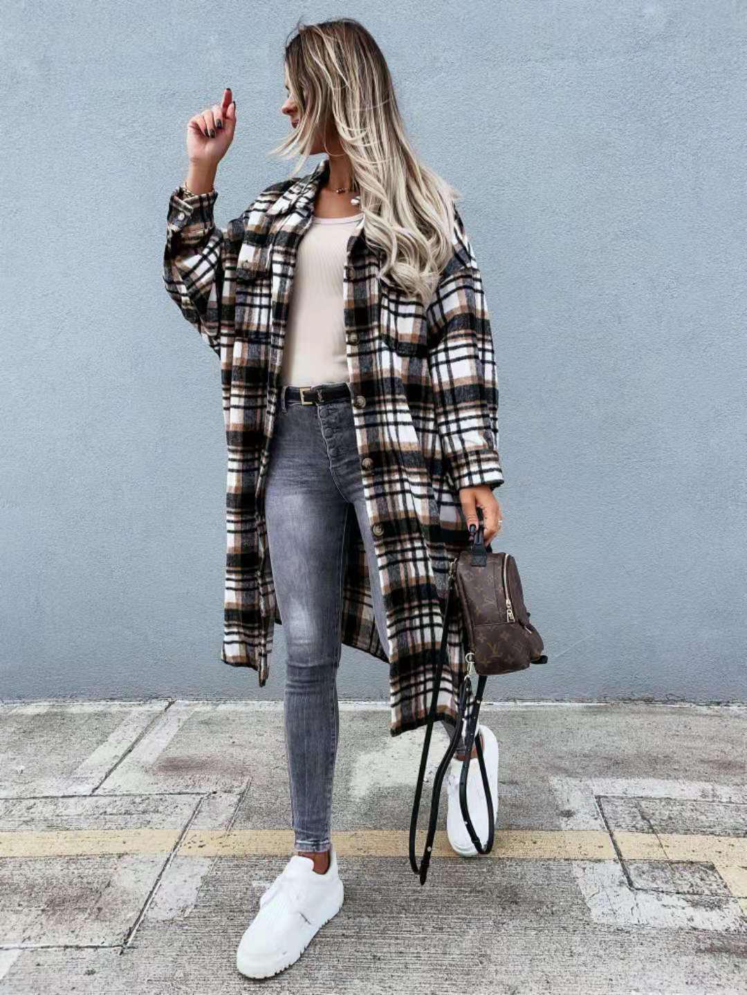 

2021 Women s Autumn/Winter Fashion Extra Long Plaid Coat - European & American Style XXL кавовий