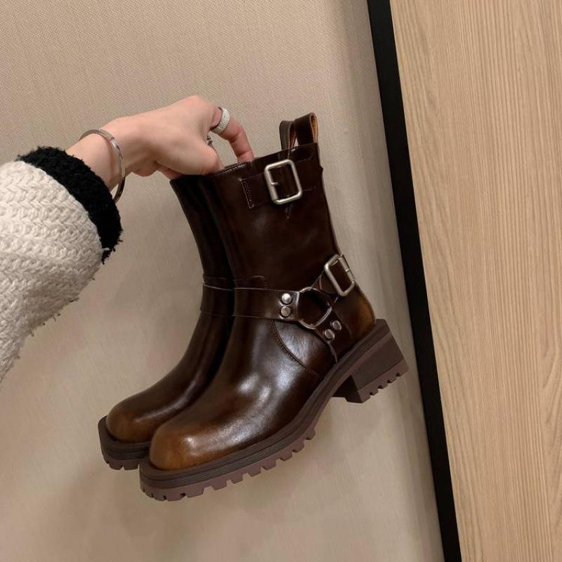 New women's leather boots versatile round head rubber platform zipper leather Martin boots autumn and winter cowhide low boots women
