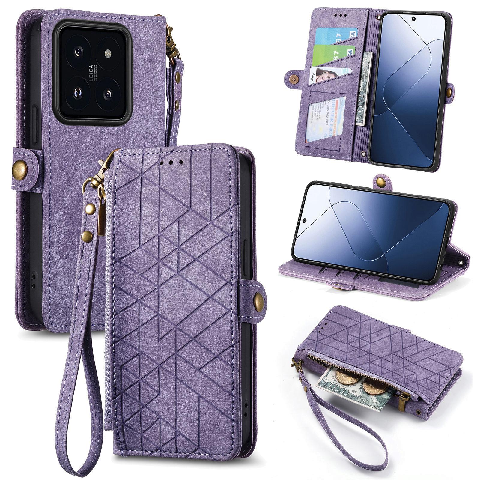 

For Xiaomi 14T Zipper Wallet Case Geometry Lines Leather Phone Cover with Strap Light Purple