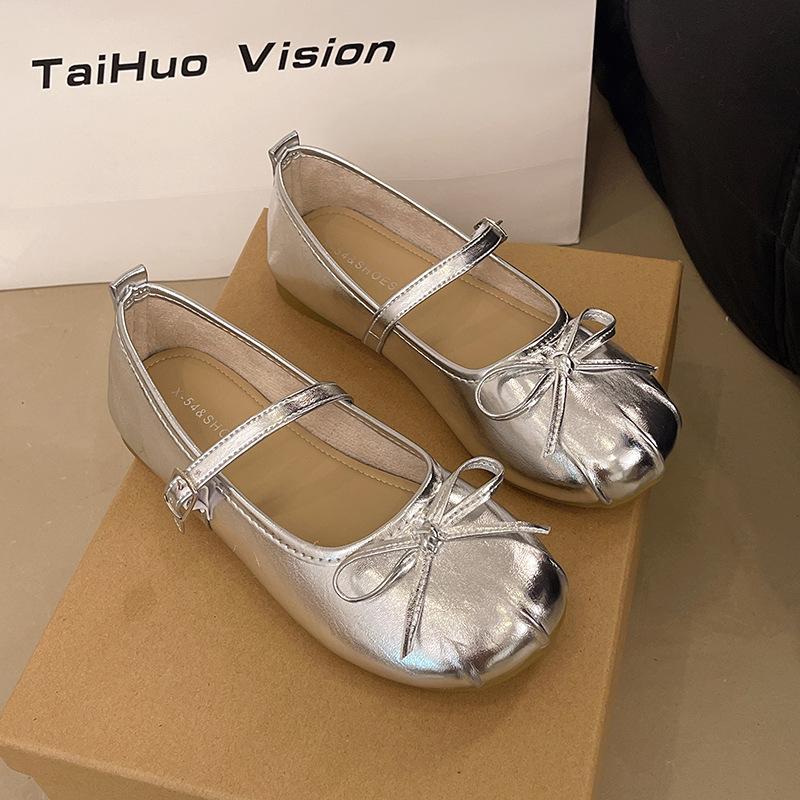

Французские серебристые балетки на плоской подошве женские 2025 новый темперамент бант фея ветер слово ремешок туфли Мэри Джейн 40 серебряный